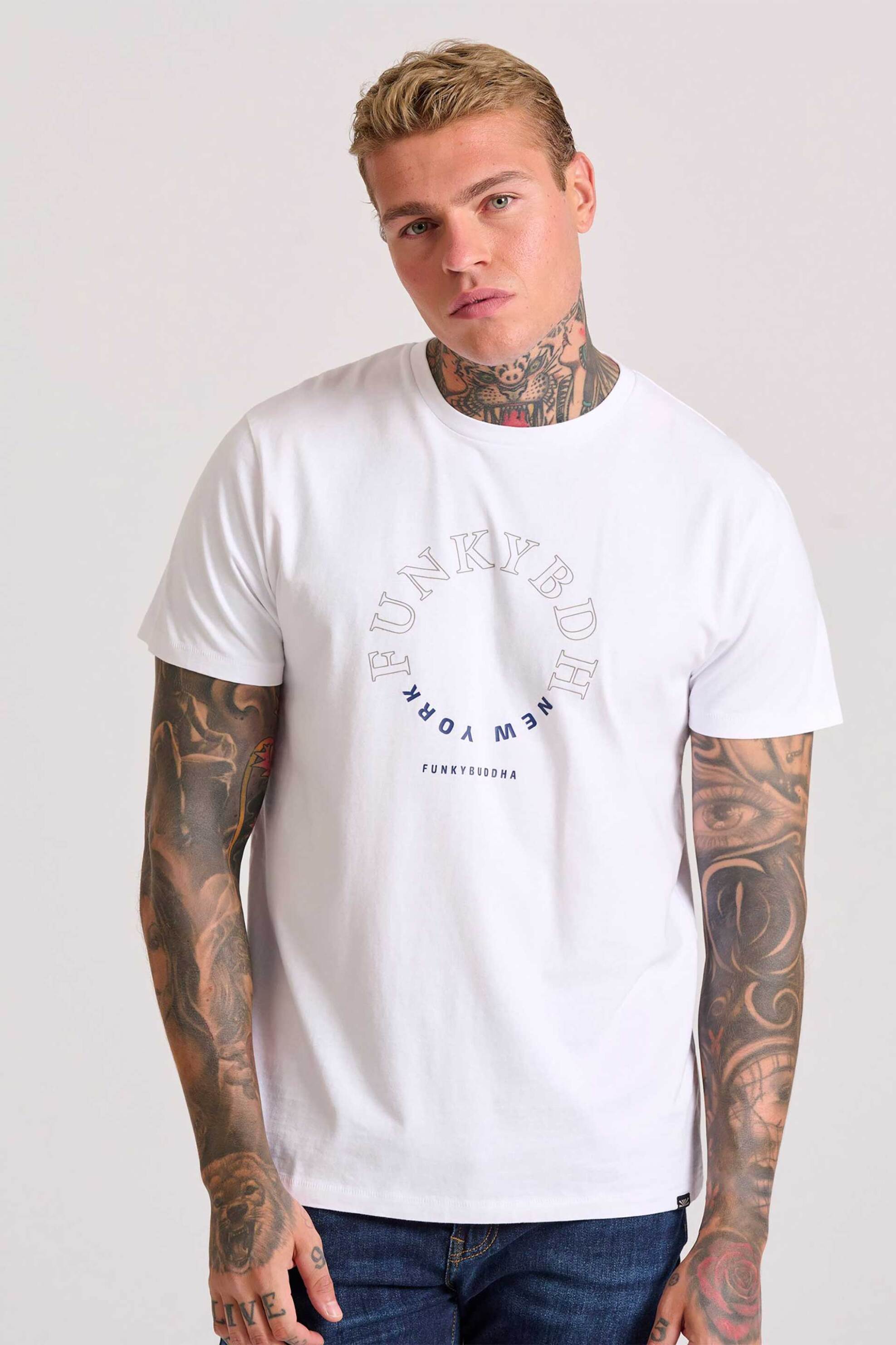 FUNKY BUDDHA Funky Buddha ανδρικό T-shirt μονόχρωμο με λογότυπο Regular Fit - FBM010-011-04 Λευκό