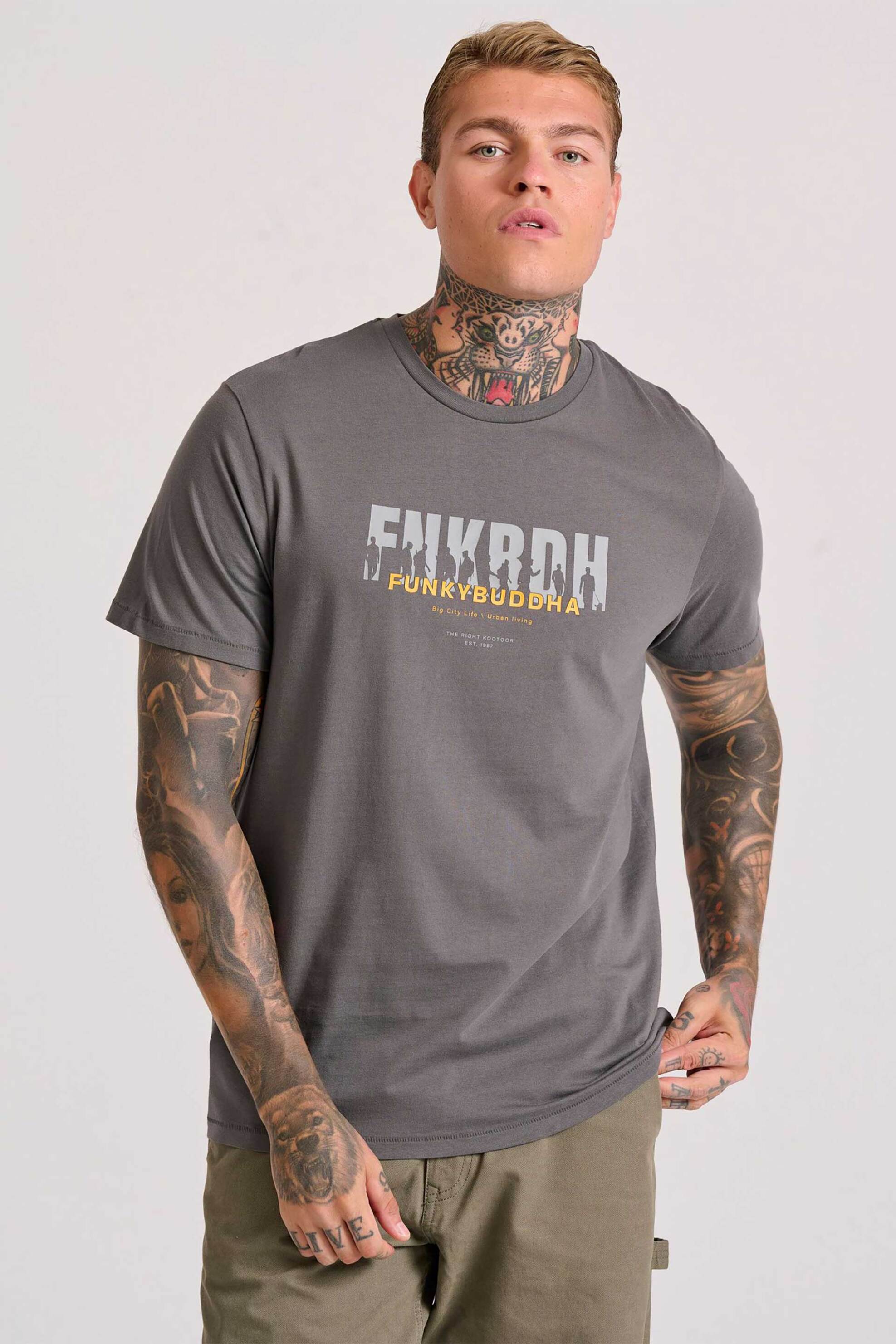 FUNKY BUDDHA Funky Buddha ανδρικό T-shirt μονόχρωμο με logo print Regular Fit - FBM010-016-04 Ανθρακί