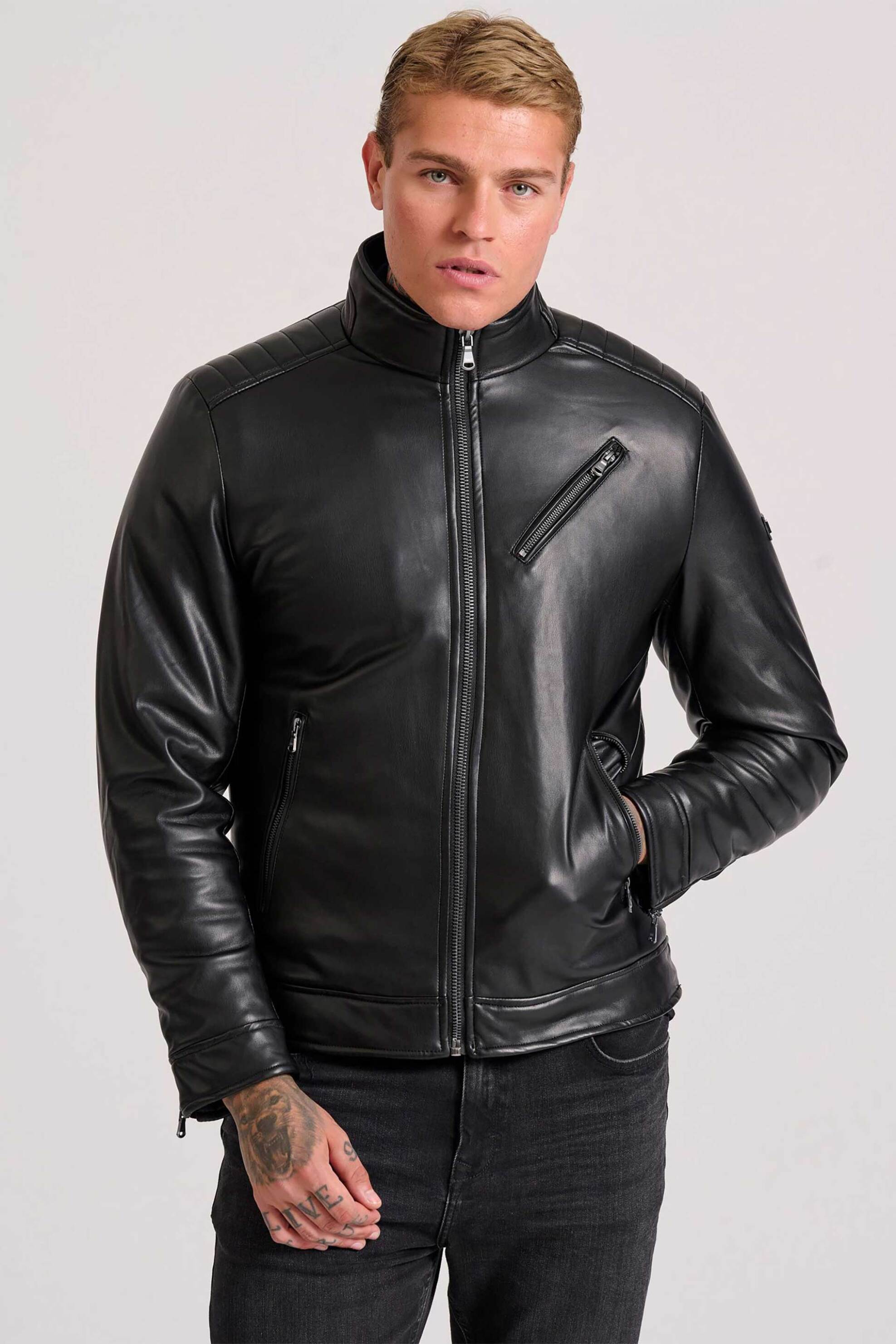 FUNKY BUDDHA Funky Buddha ανδρικό biker μπουφάν με δερμάτινη faux υφή - FBM010-060-01 Μαύρο