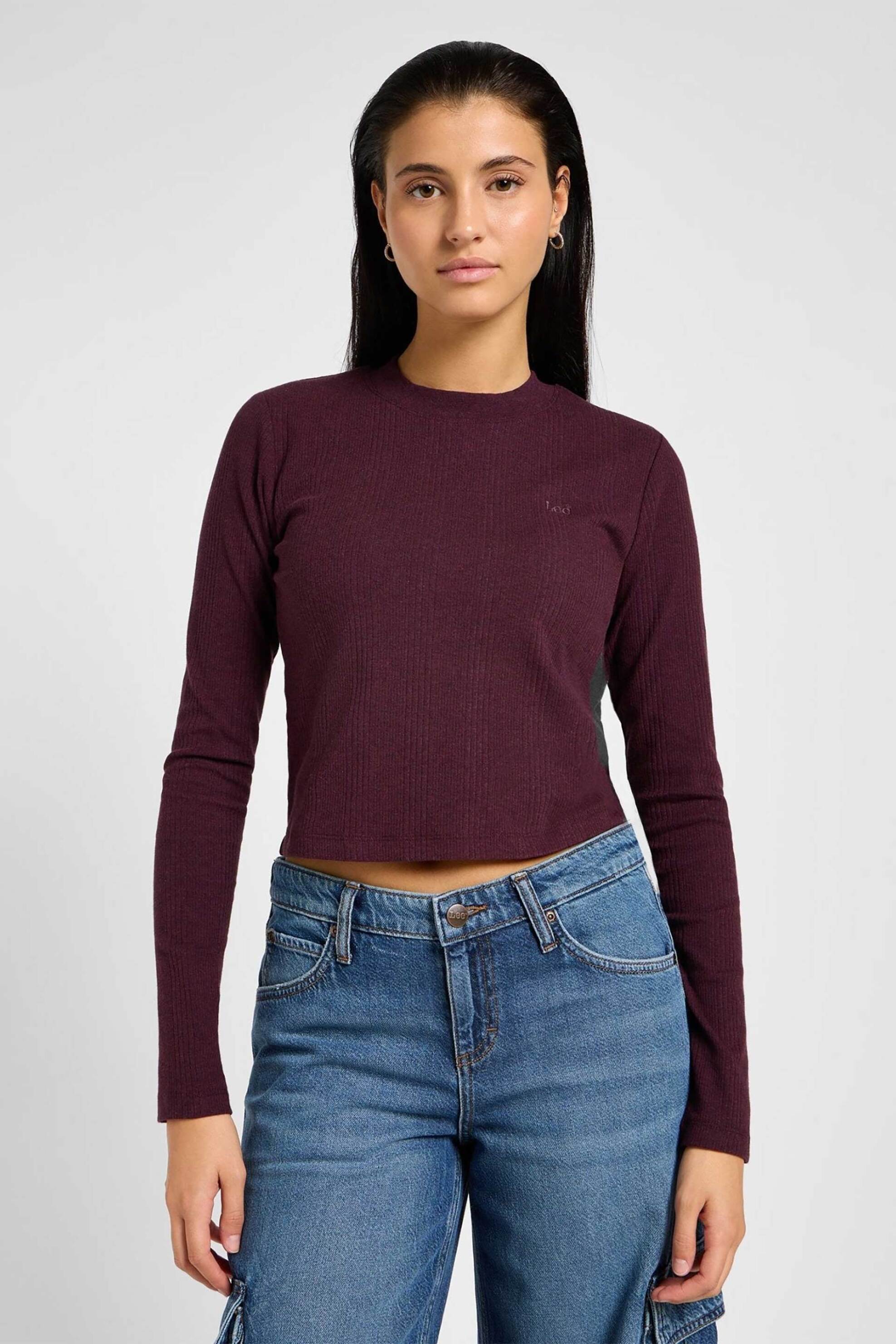 Lee Lee® γυναικεία ribbed μπλούζα μονόχρωμη cropped - 112355144 Μπορντό 2025