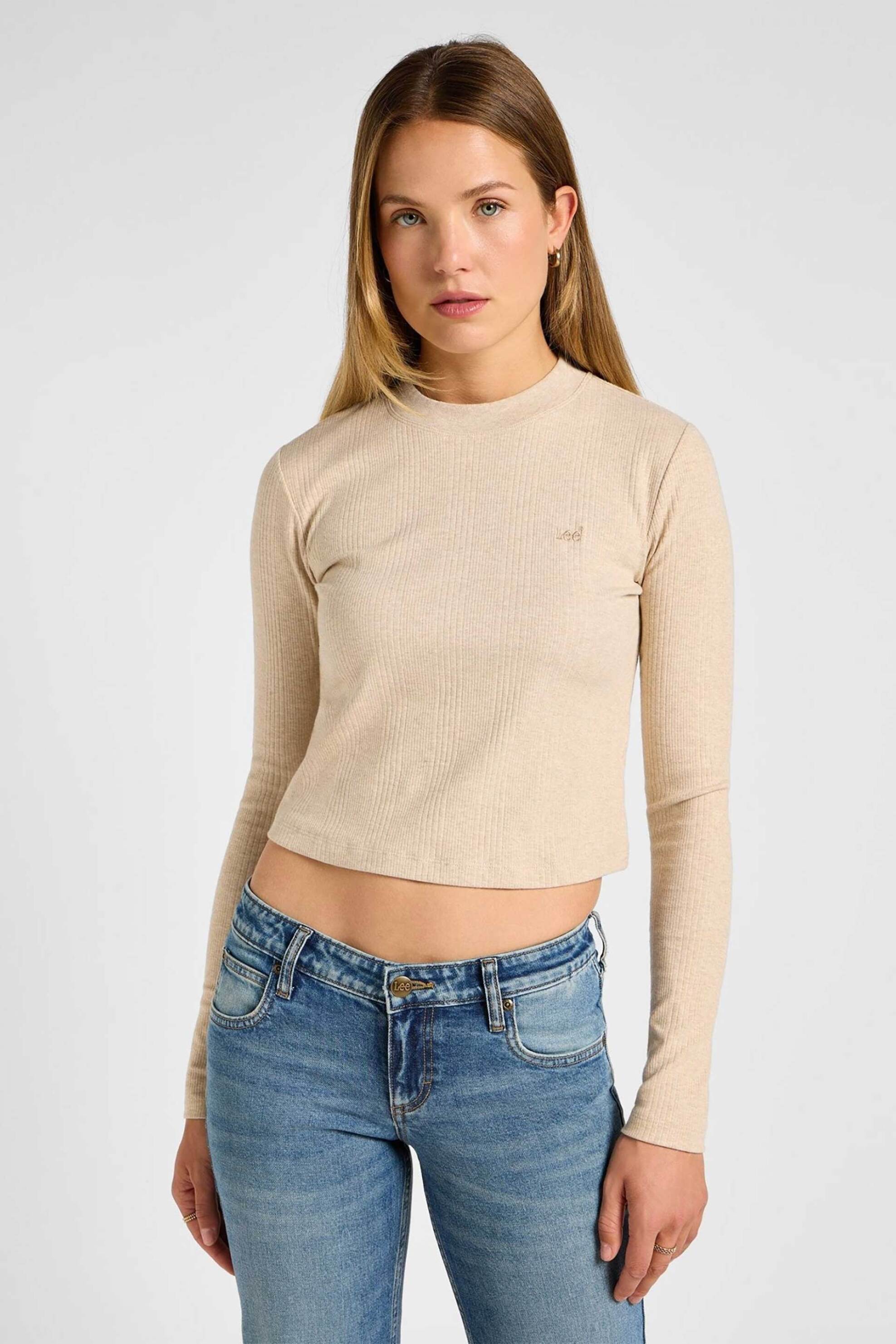 Lee Lee® γυναικεία ribbed μπλούζα μονόχρωμη cropped - 112355192 Μπεζ 2025