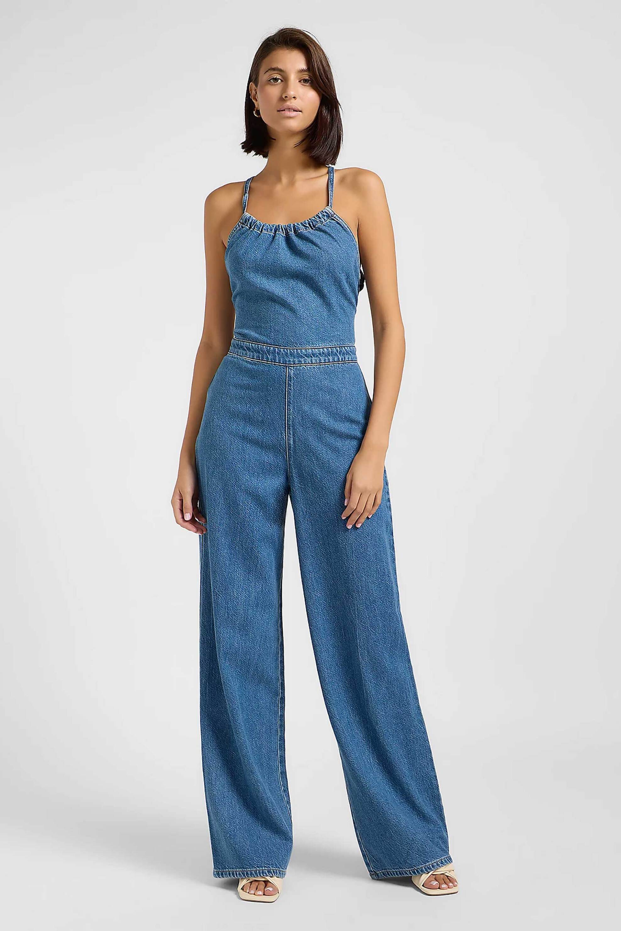 Lee Lee® γυναικεία denim ολόσωμη φόρμα αμάνικη Wide Leg 