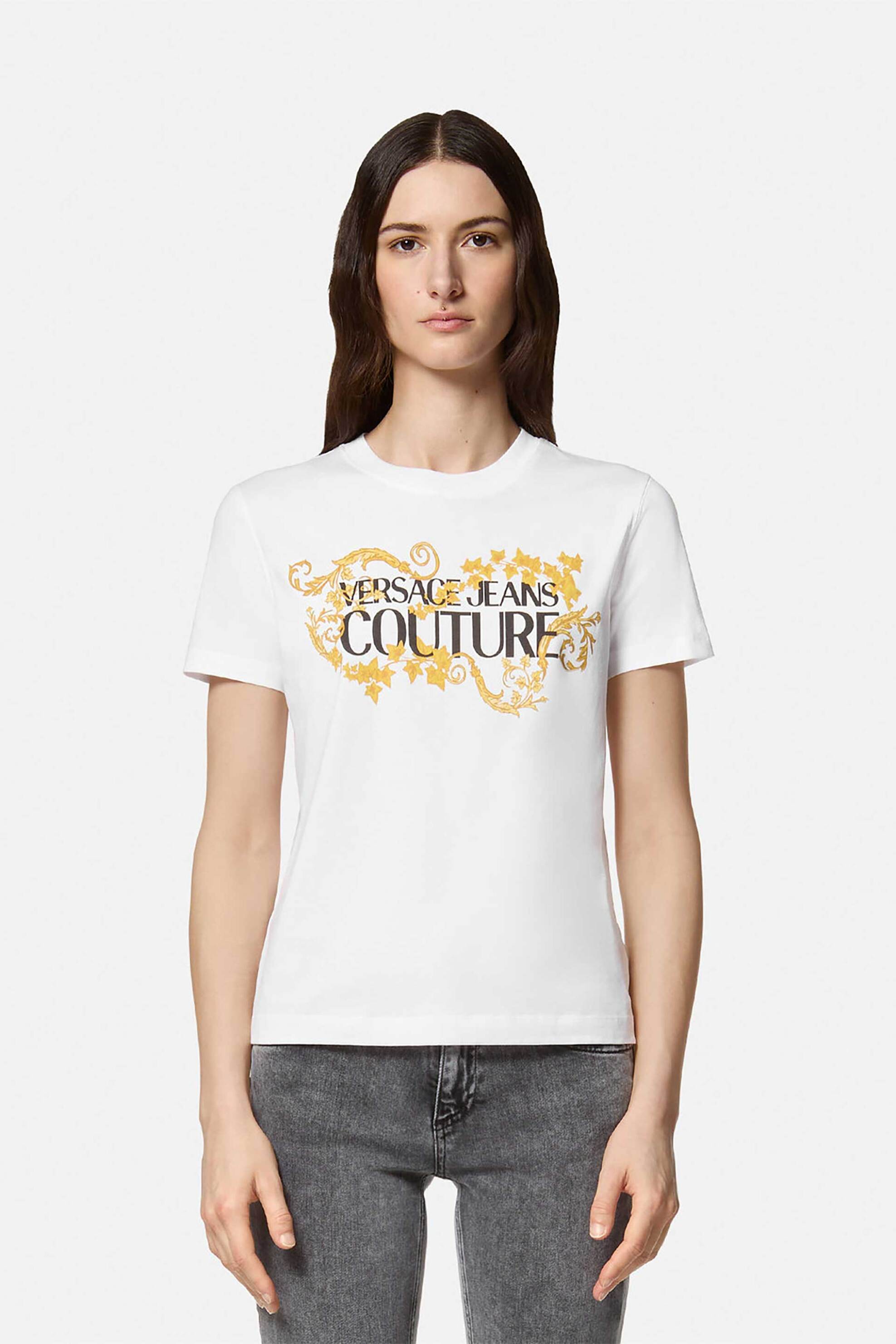  Versace Jeans Couture γυναικείο T-shirt μονόχρωμο βαμβακερό με contrast logo και Baroque print - 77HAHE05CJ00E Λευκό 2025