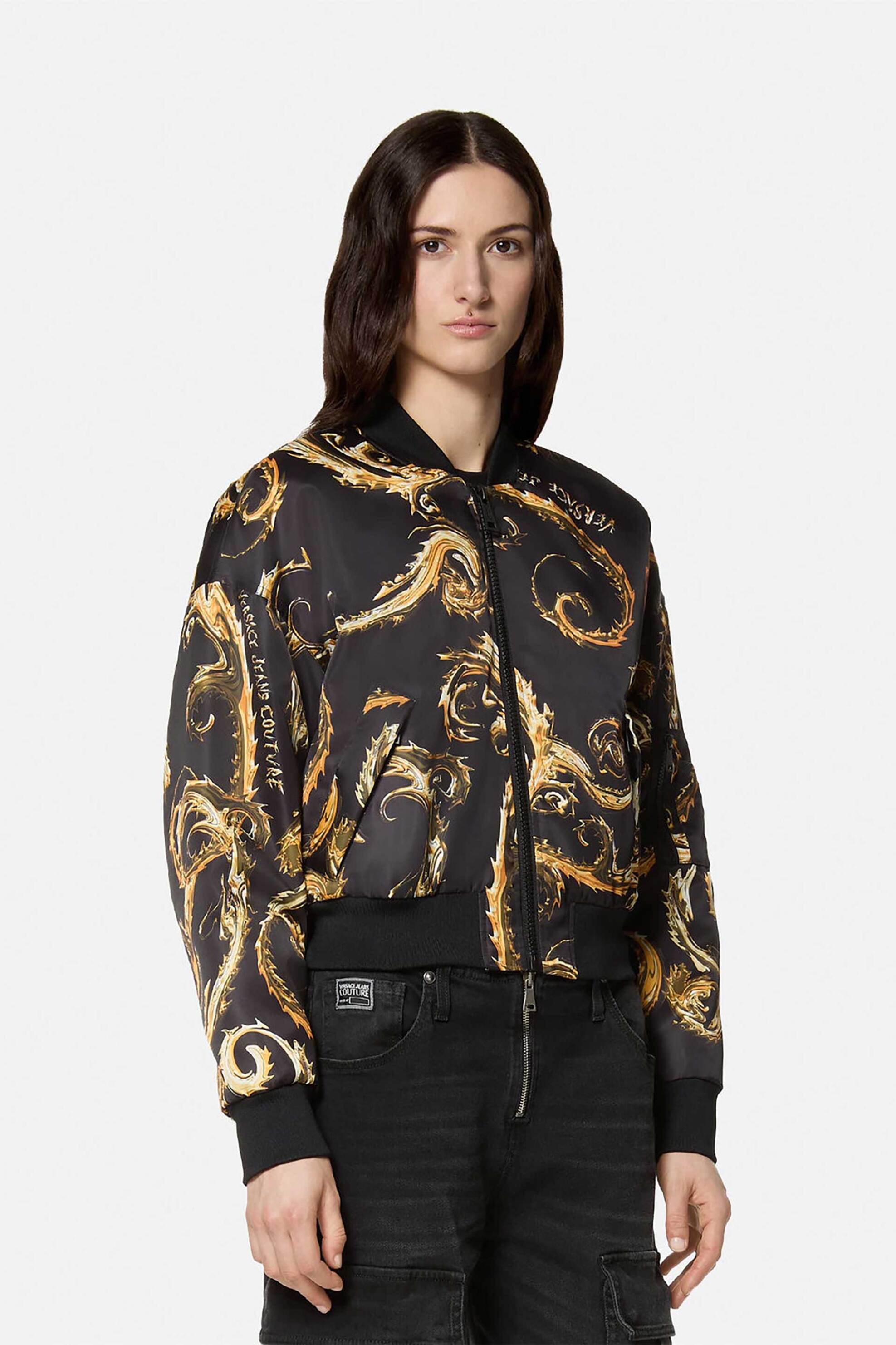 VERSACE JEANS COUTURE Versace Jeans Couture γυναικείο bomber jacket με all-over chain print και τσέπες - 77HAS408CQD64 Μαύρο