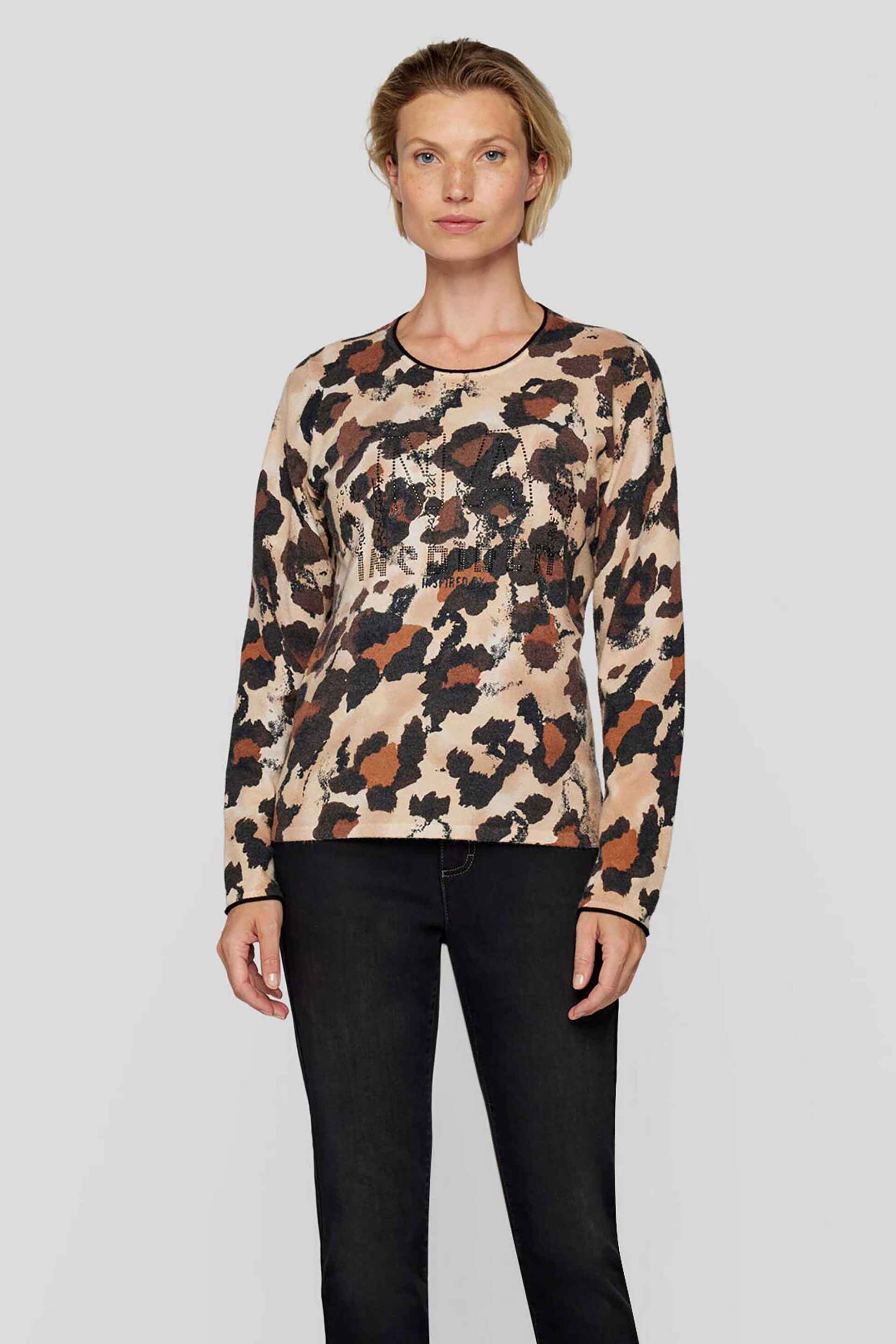  Rabe γυναικεία μπλούζα με leopard print και lettering με στρας - 53-221600 Μπεζ 2025