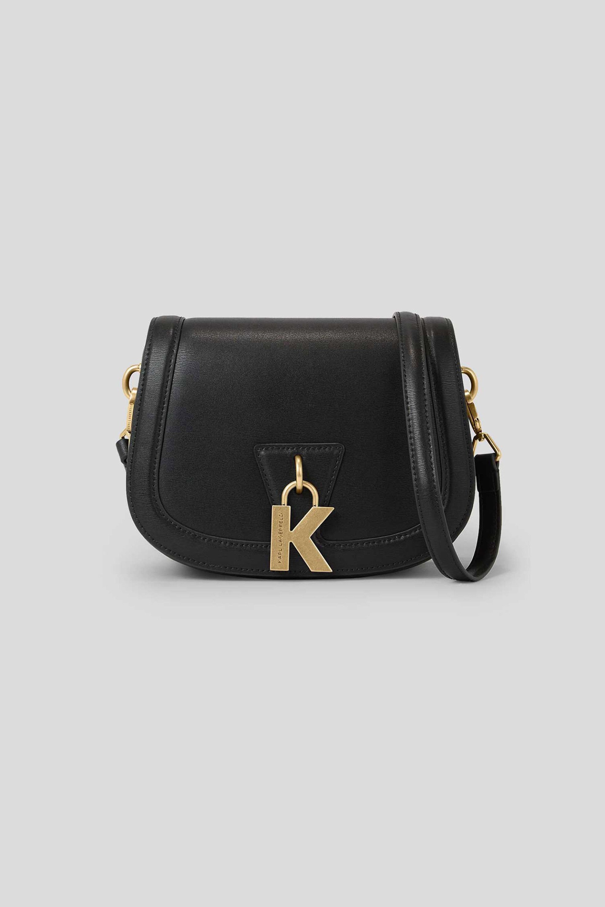 KARL LAGERFELD Karl Lagerfeld γυναικεία δερμάτινη τσάντα crossbody μονόχρωμη με διακοσμητικό μονόγραμμα "K/Lock M" - 240W3050 Μαύρο