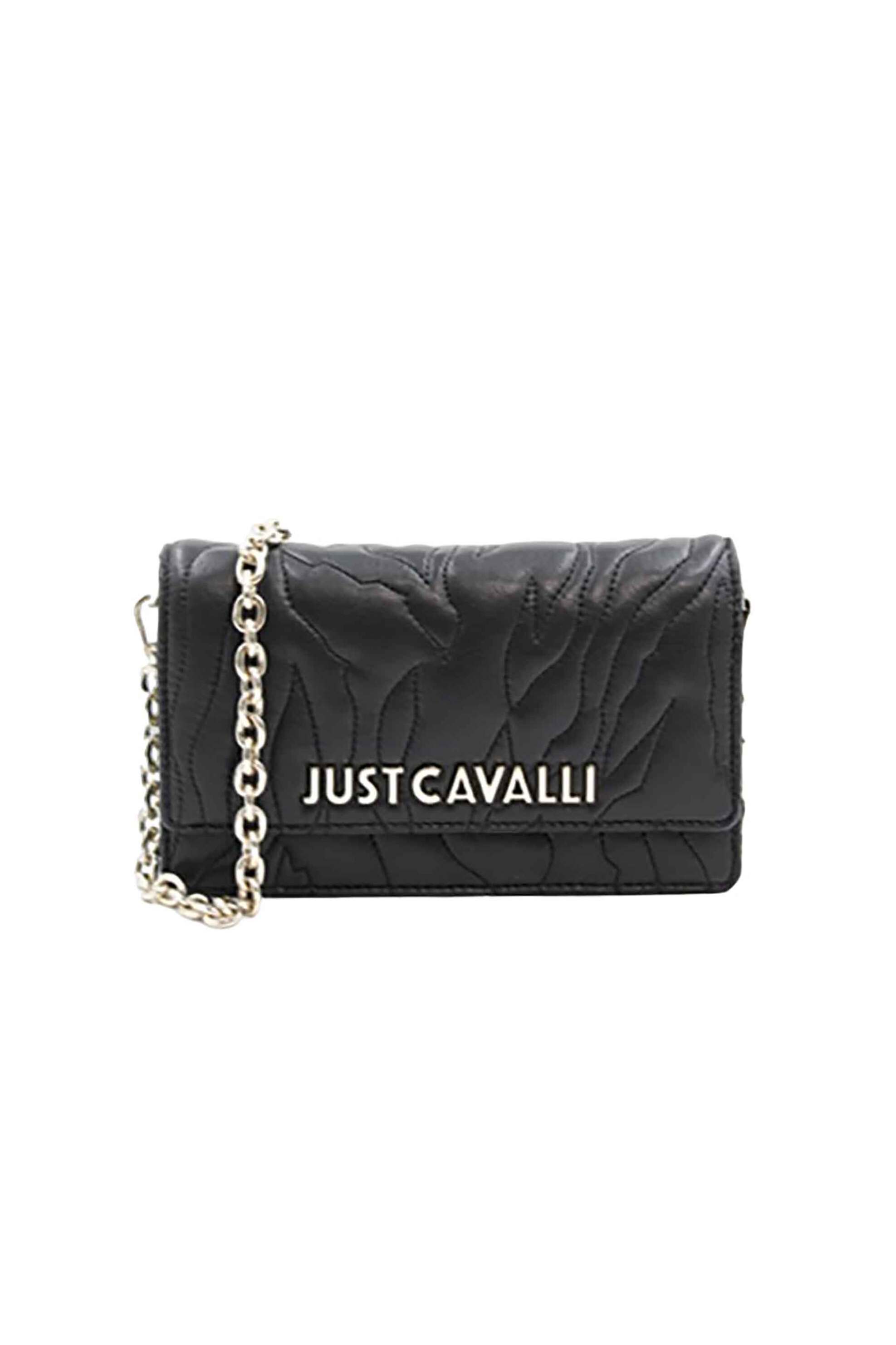 JUST CAVALLI Just Cavalli γυναικείο clutch καπιτονέ με μεταλλικό λογότυπο και αλυσίδα ώμου - 77RA5PE2ZSB23 Μαύρο