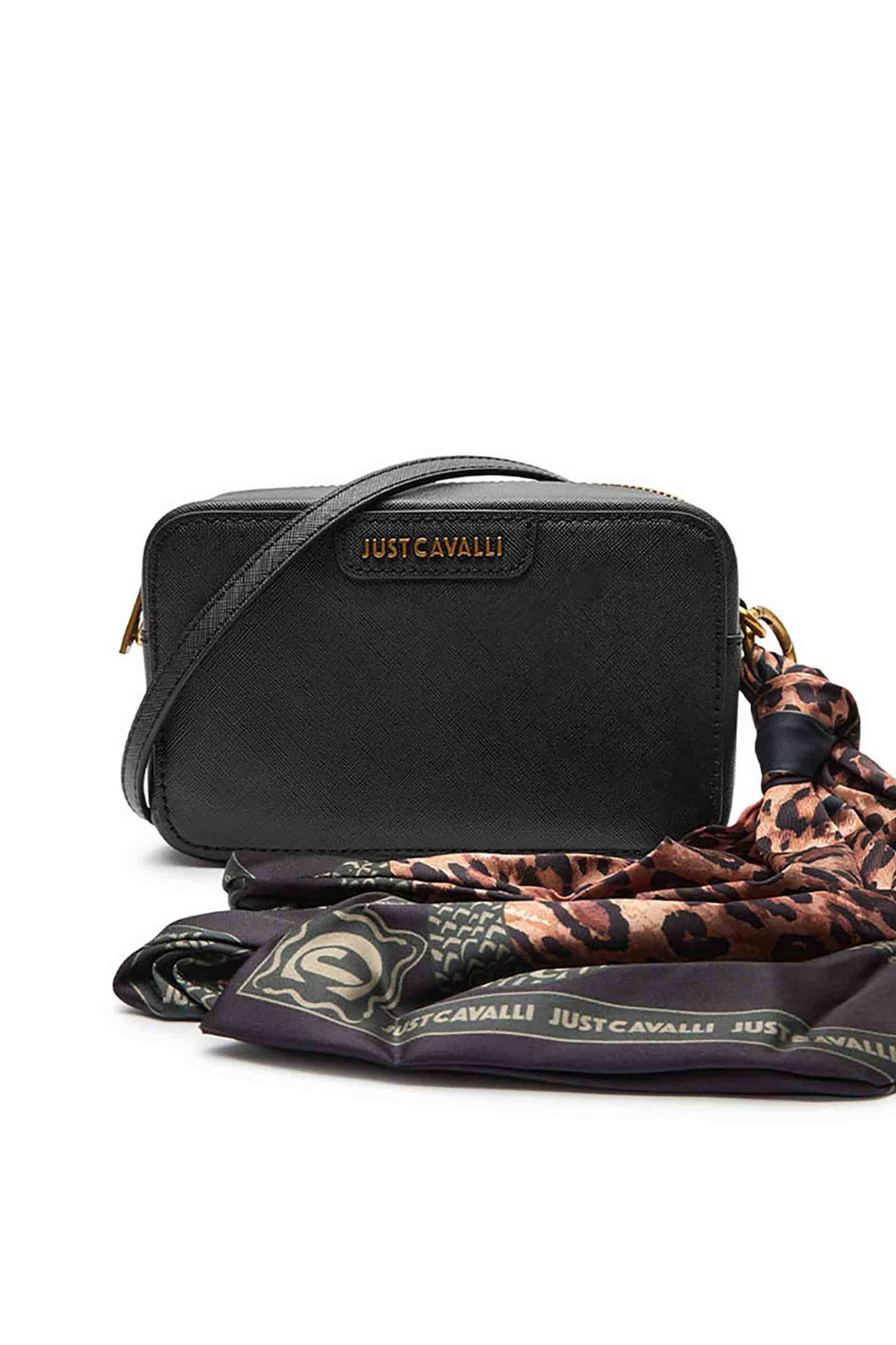  Just Cavalli γυναικεία τσάντα crossbody με μεταλλικό λογότυπο και μαντήλι με animal print - 77RA4BI3ZS766 Μαύρο 2025