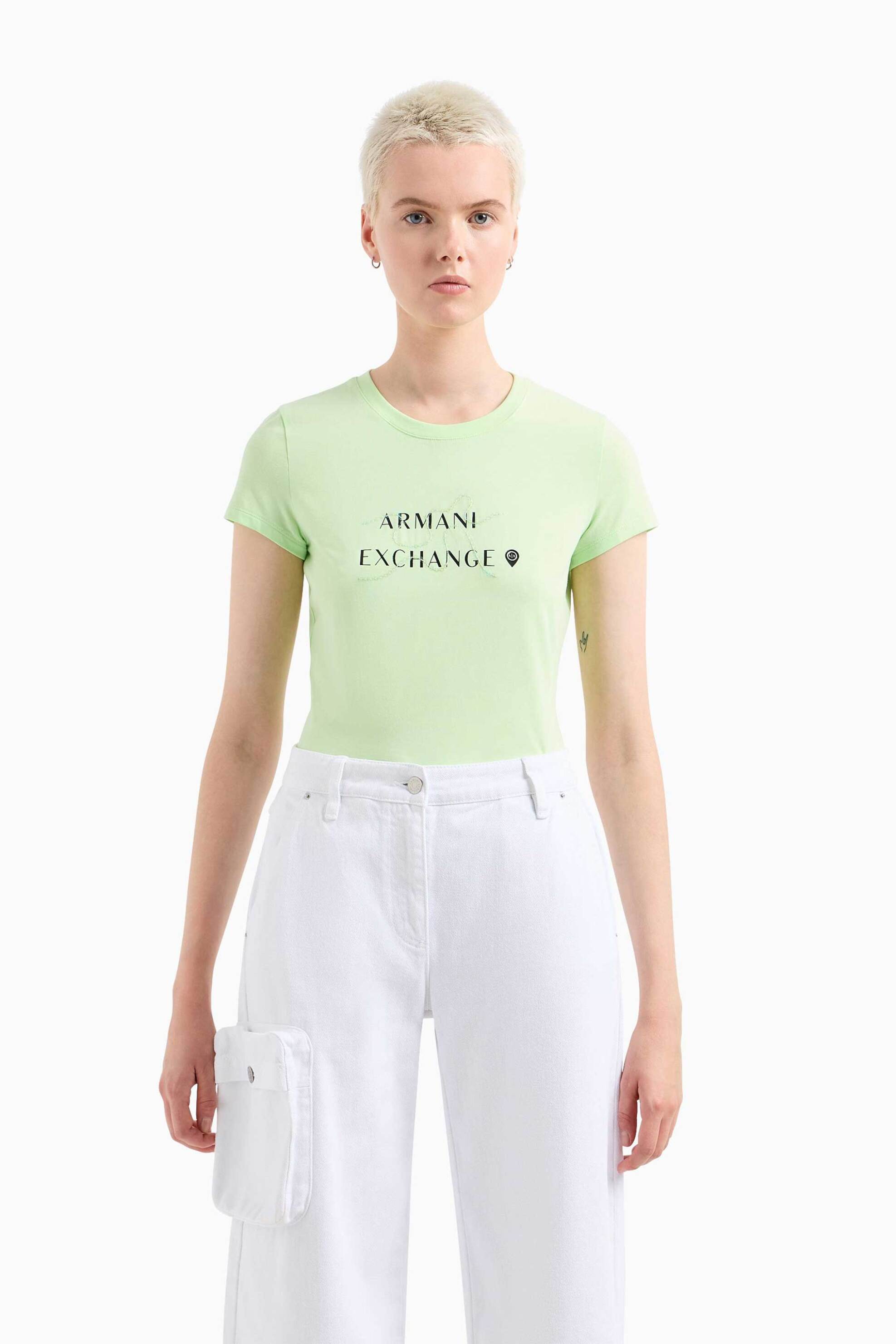 Armani Exchange γυναικείο T-shirt μονόχρωμο με contrast logo print και ανάγλυφη λεπτομέρεια - 3DYT18YJETZ Πράσινο Ανοιχτό