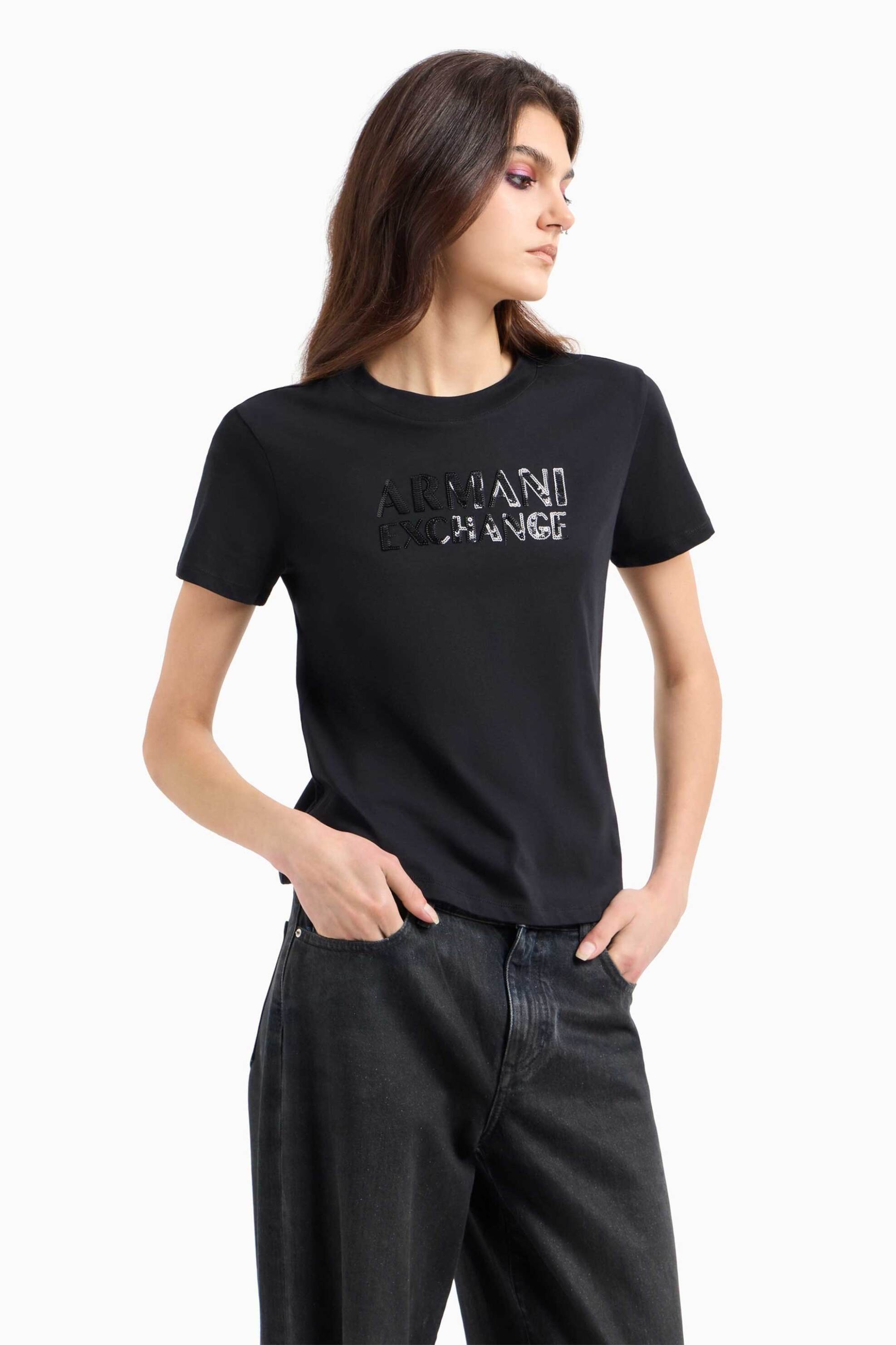  Armani Exchange γυναικείο T-shirt με λογότυπο με παγίετα - XW000060AF10354 Μαύρο 2025