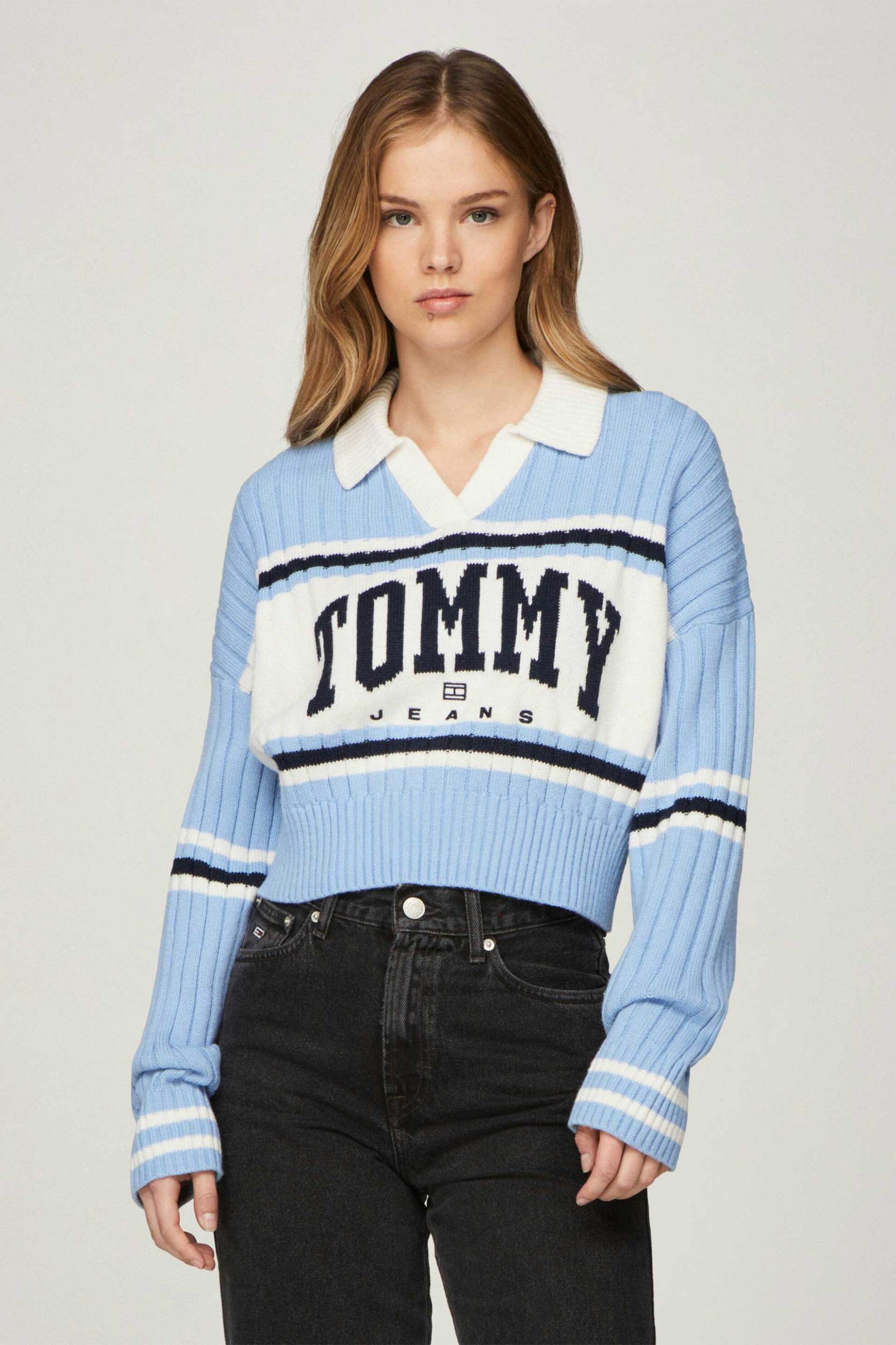  Tommy Jeans γυναικείο πουλόβερ ribbed με γιακά και contrast logo - DW0DW19235 Γαλάζιο 2025