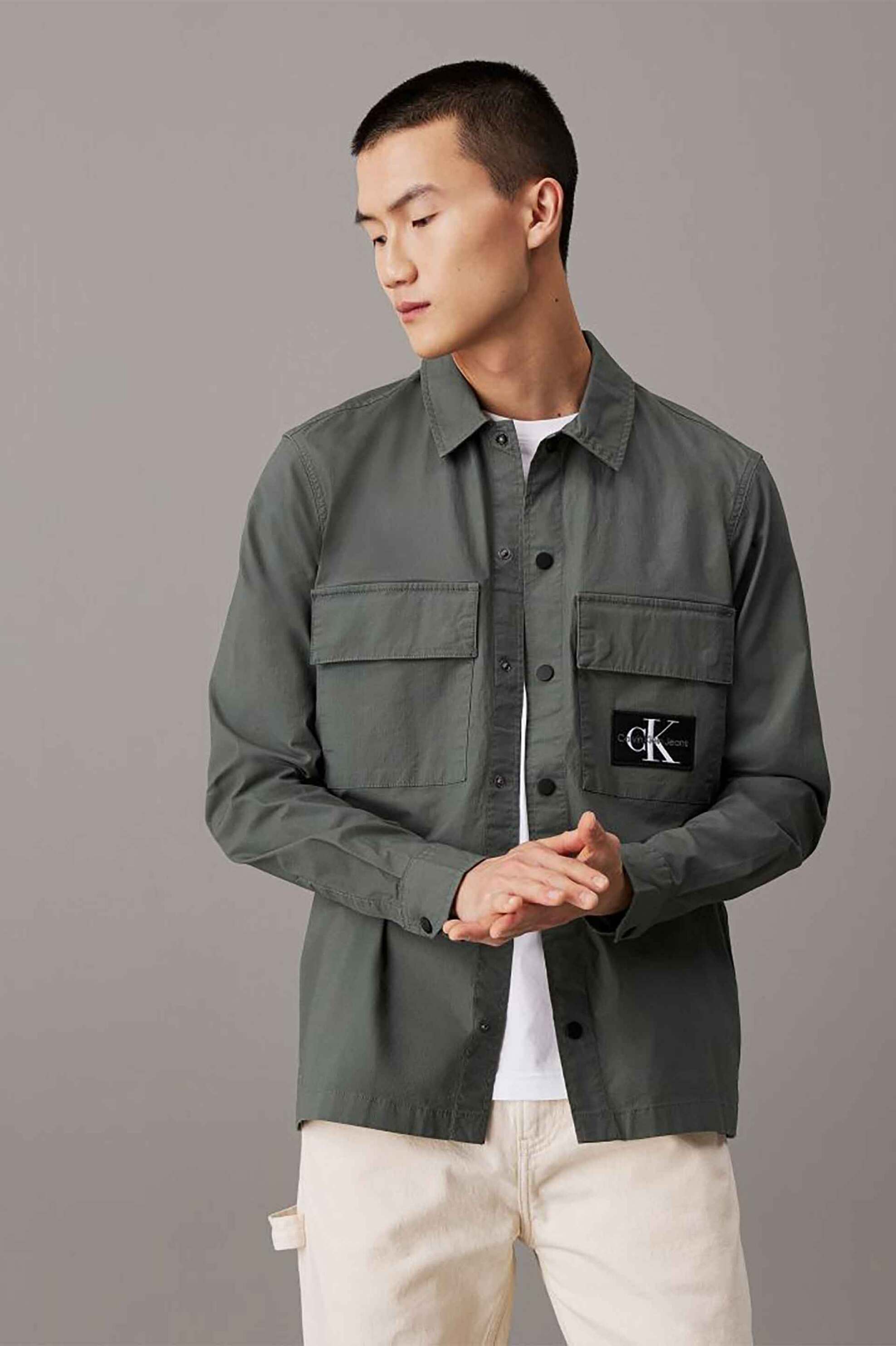 CALVIN KLEIN JEANS CK Jeans ανδρικό jacket- πουκάμισο με τσέπες στο στήθος και logo patch - J30J325618 Γκρι