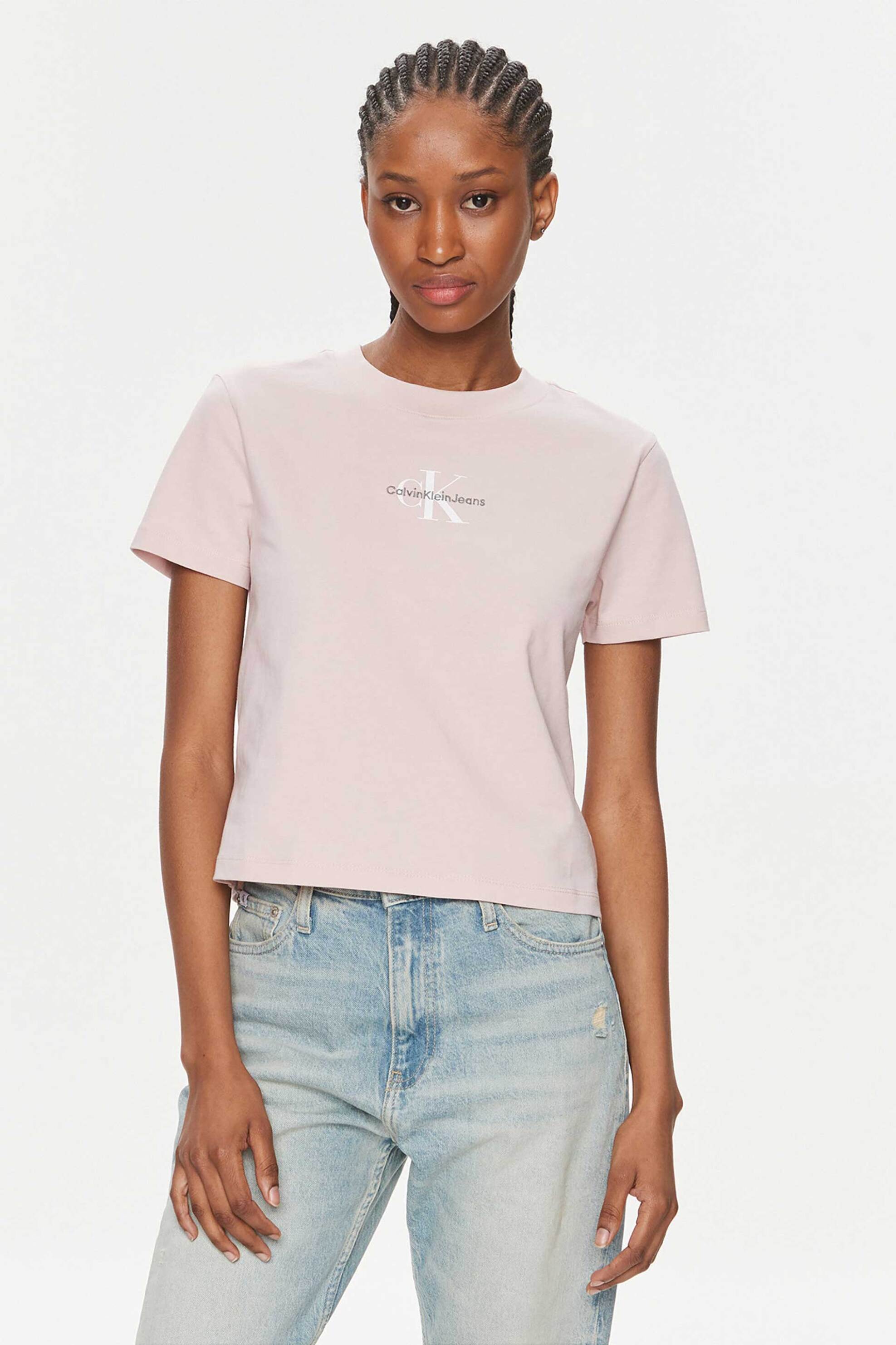  CK Jeans γυναικείο T-shirt cropped με κεντημένο logo μπροστά - J20J223113 Ροζ 2025