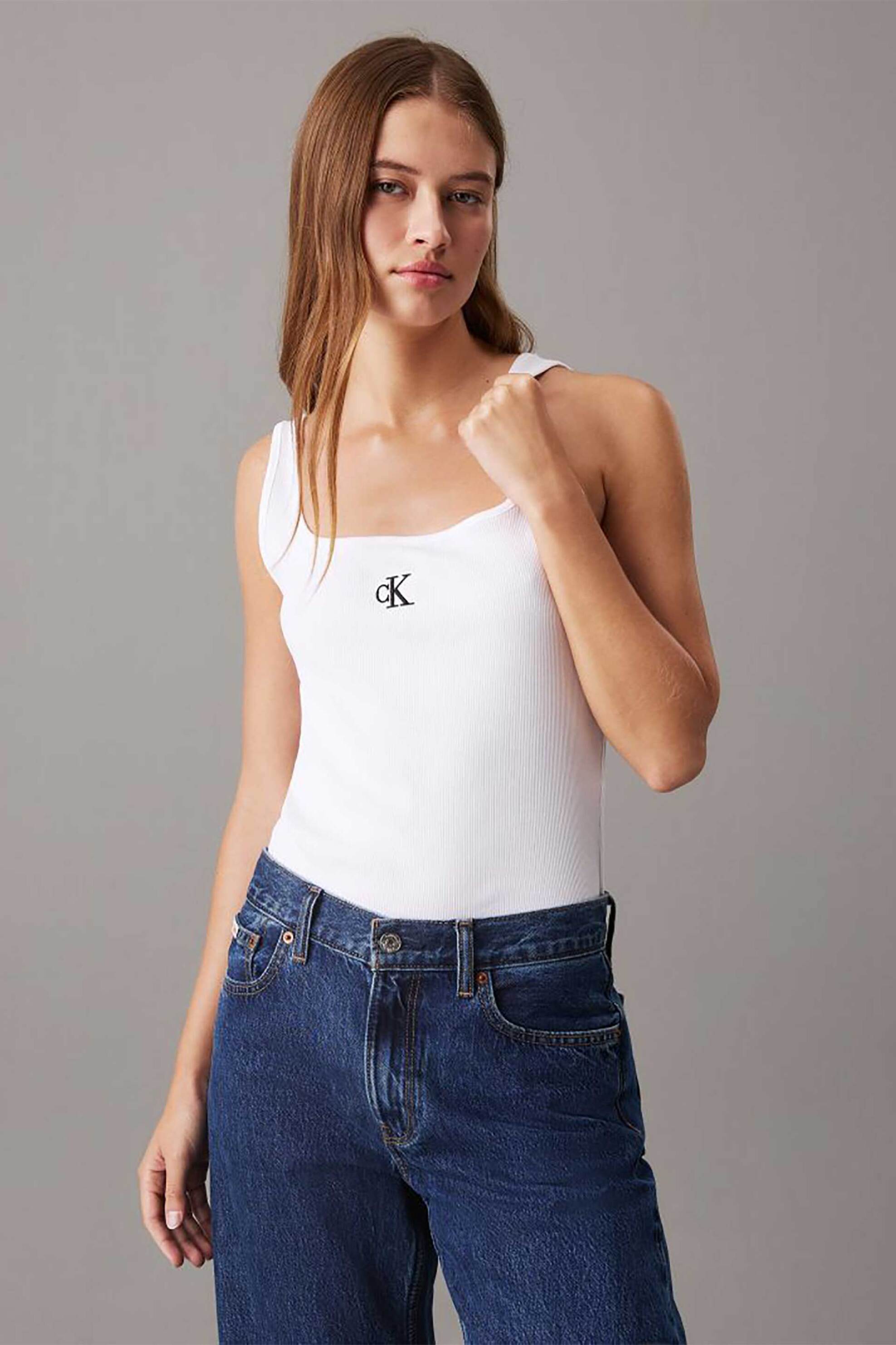 CK JEANS CK Jeans γυναικείο ribbed αμάνικο τοπ με κεντητό μονόγραμμα - J20J223192 Λευκό