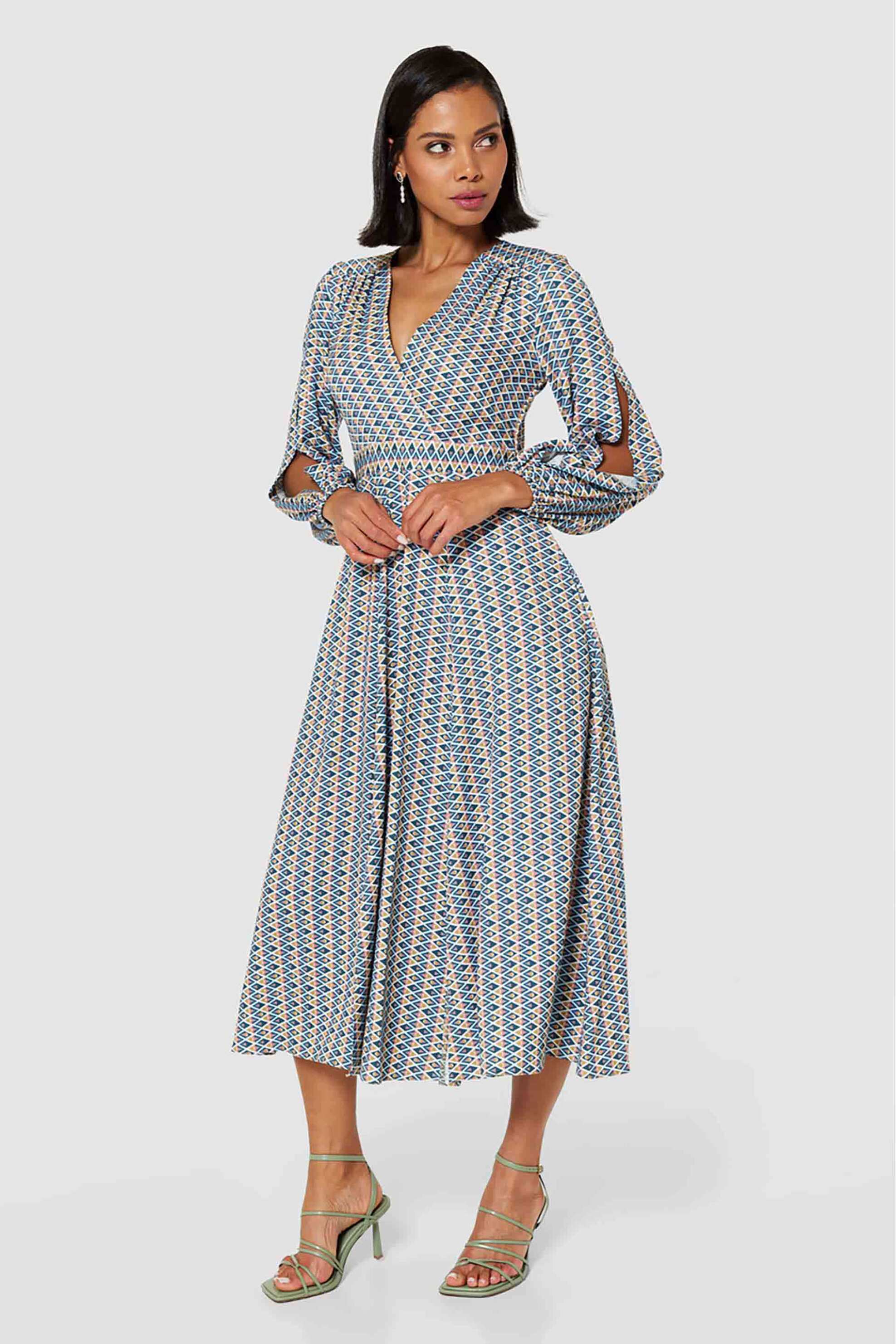 Closet London γυναικείο midi φόρεμα wrap με γεωμετρικό print - D9999 Μπλε