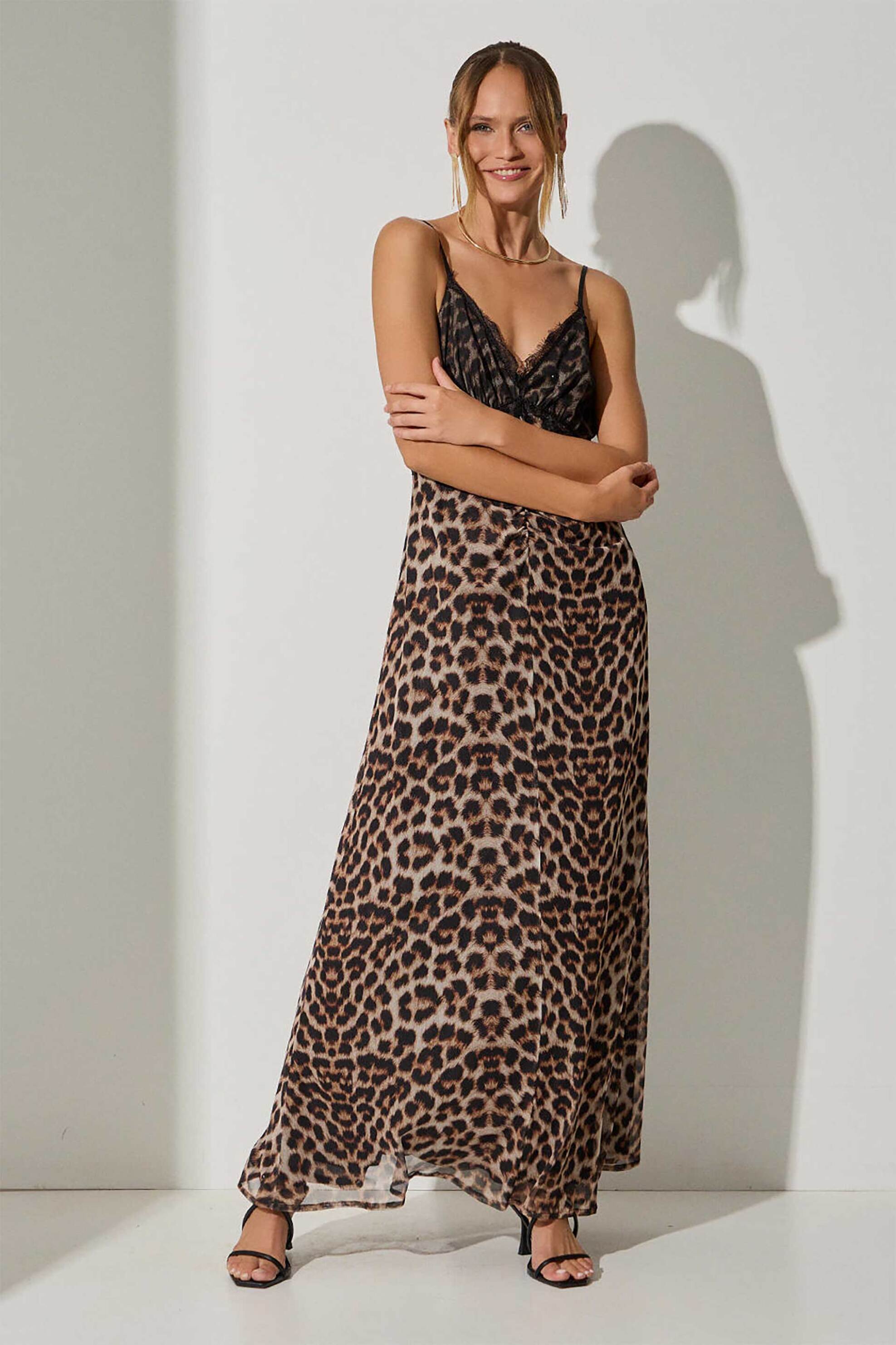  Bill Cost γυναικείο φόρεμα maxi με animal print και δαντέλα - 10-342210-0 Καφέ 2025