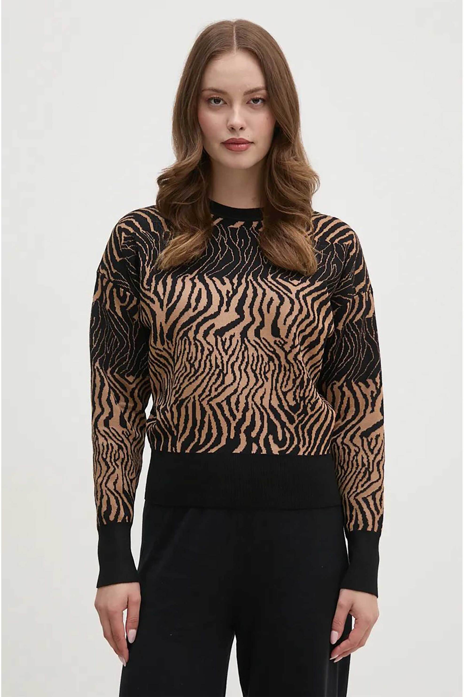  DKNY γυναικείο πουλόβερ με animal print και ribbed λεπτομέρειες Relaxed Fit - P4HSAR22 Καφέ 2025