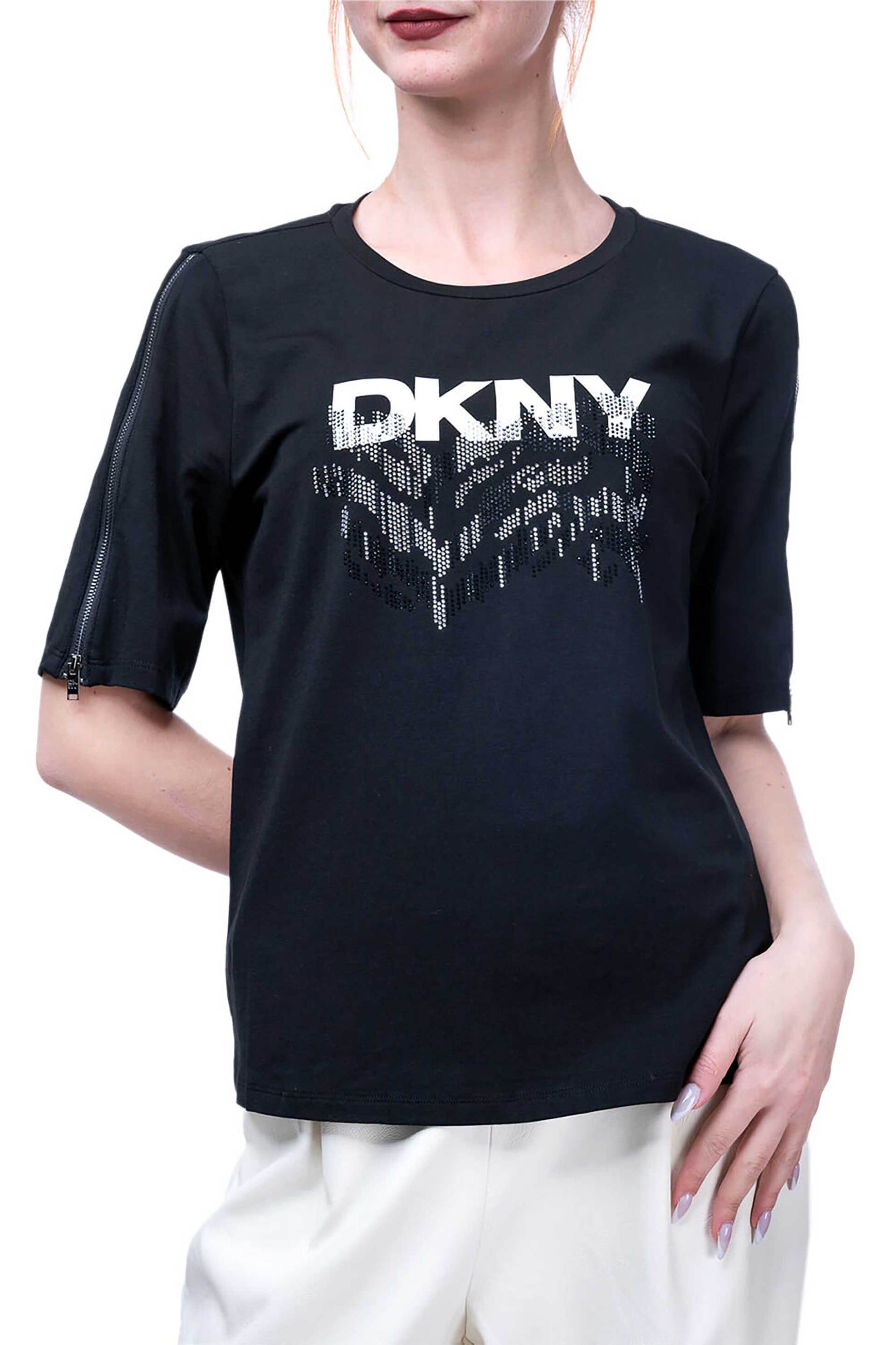  DKNY γυναικείο T-shirt με λογότυπο και στρας Regular Fit - P4MH1RJQ Μαύρο 2025