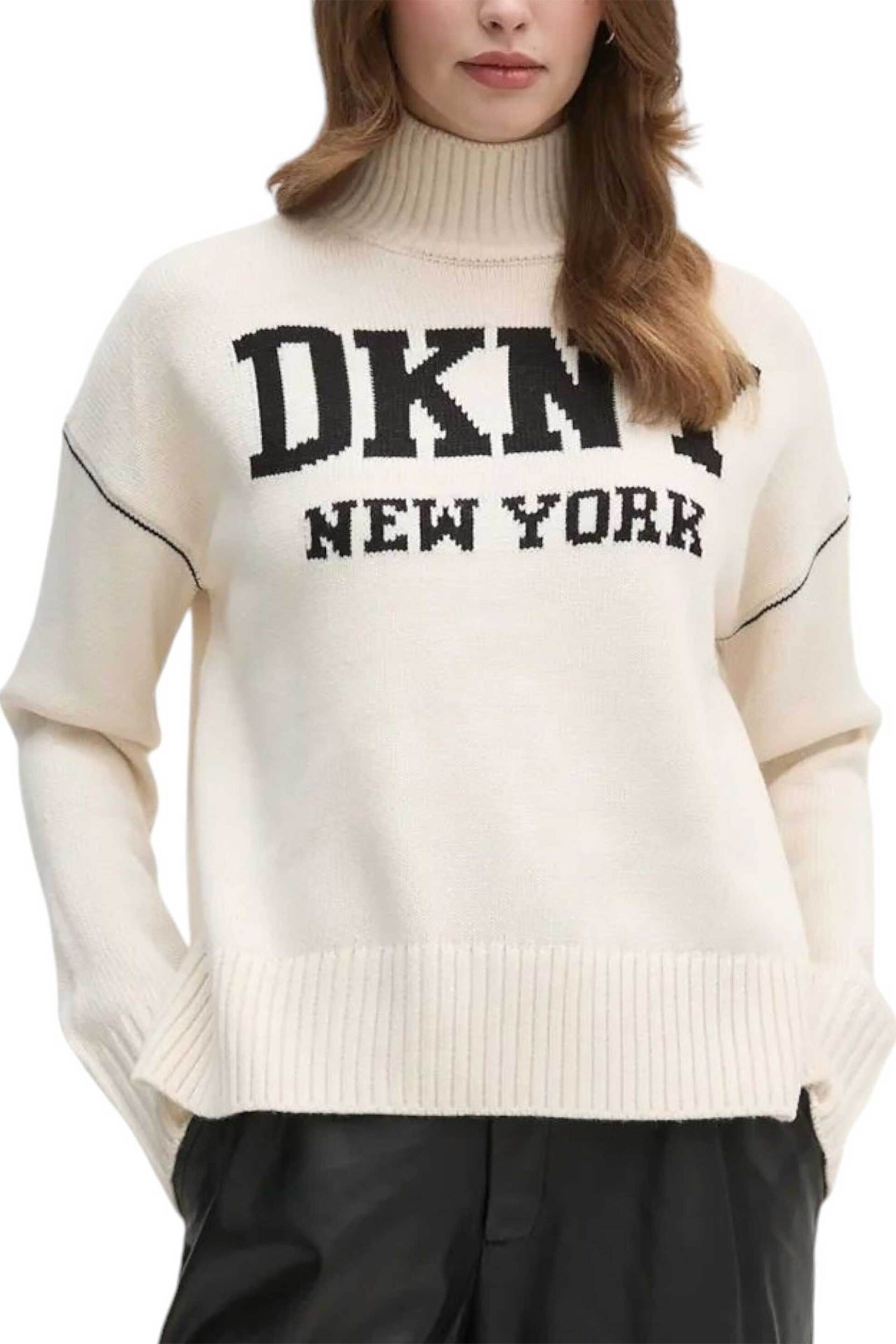  DKNY γυναικεία πλεκτή μπλούζα με λογότυπο και ψηλό λαιμό - DJ4R0386 Μαύρο 2025