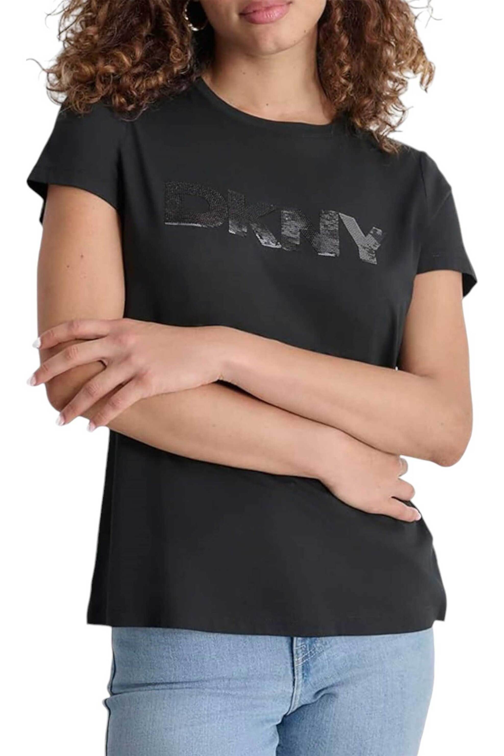  DKNY γυναικείο T-shirt μονόχρωμο με ανάγλυφο λογότυπο - DJ4T1268 Μαύρο 2025