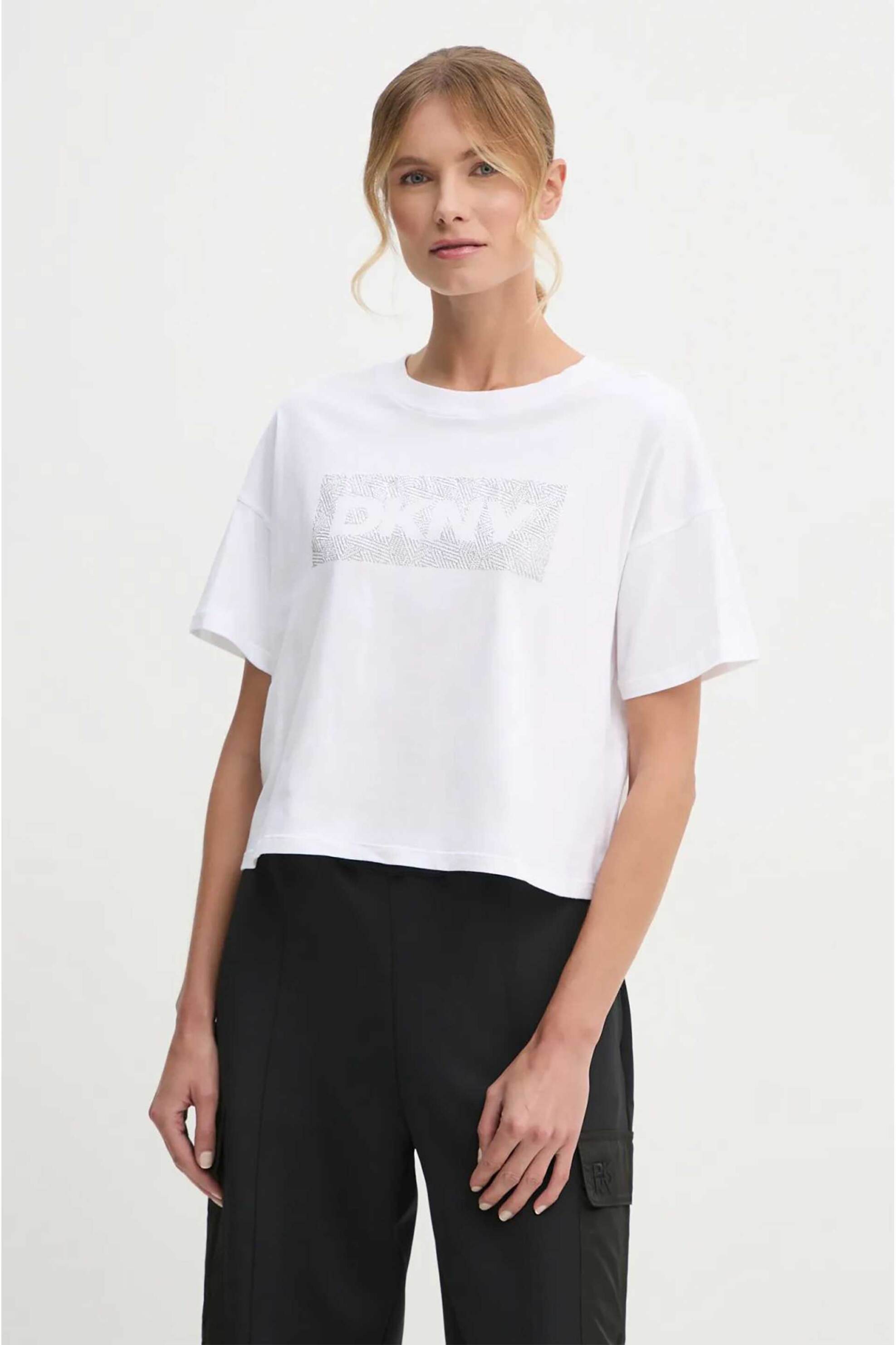  DKNY γυναικείο T-shirt μονόχρωμο με σχέδιο με στρας και λογότυπο - DP4T1040 Λευκό 2025