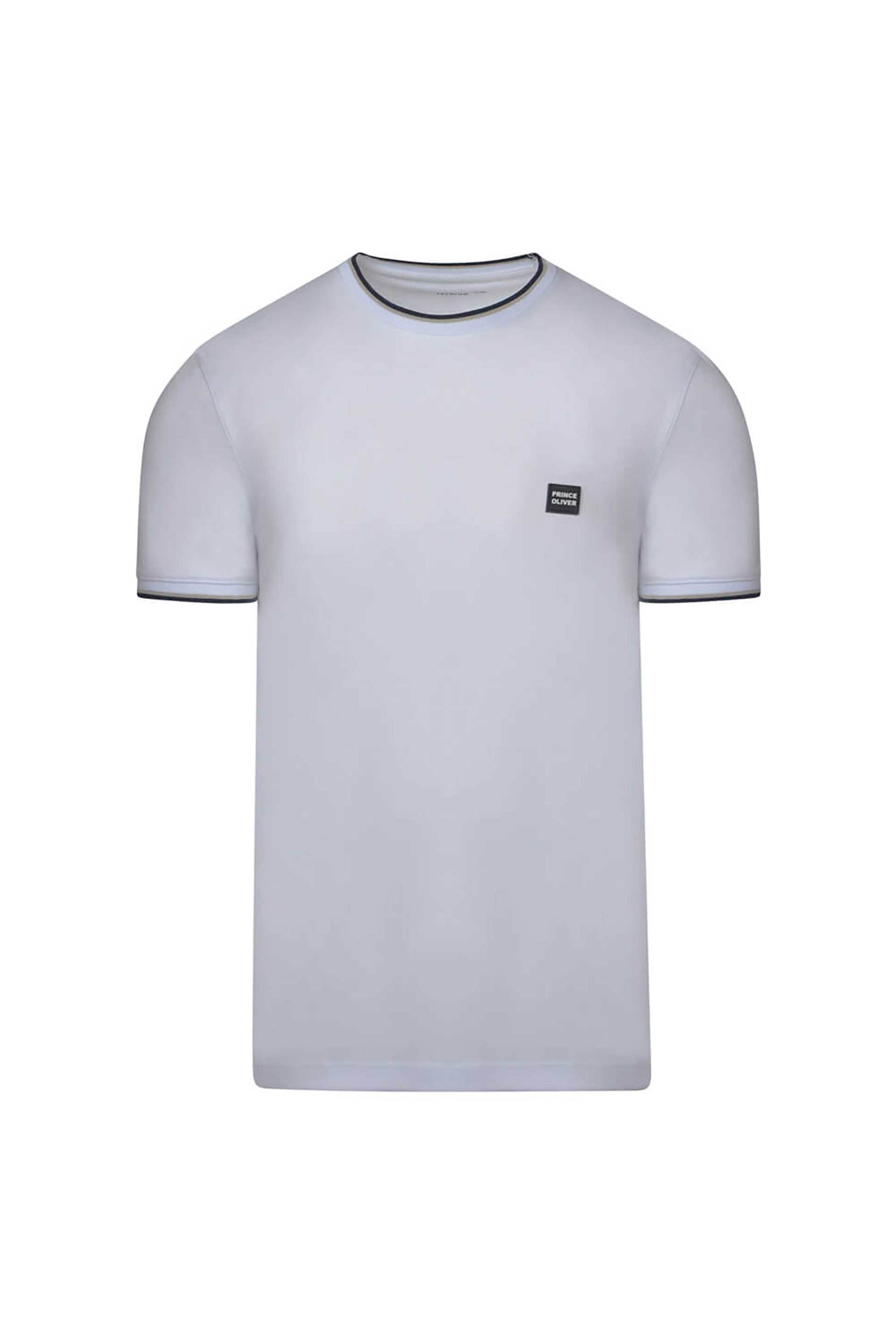 PRINCE OLIVER Prince Oliver ανδρικό T-shirt με contrast λεπτομέρειες και logo patch Modern Fit - 26044004 Λευκό